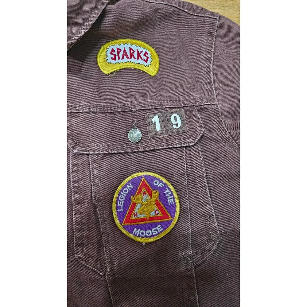 Stoosh Patchwork Denim Jacket Women Sz‎ L Brown Cropped Scout Patches Streetwear